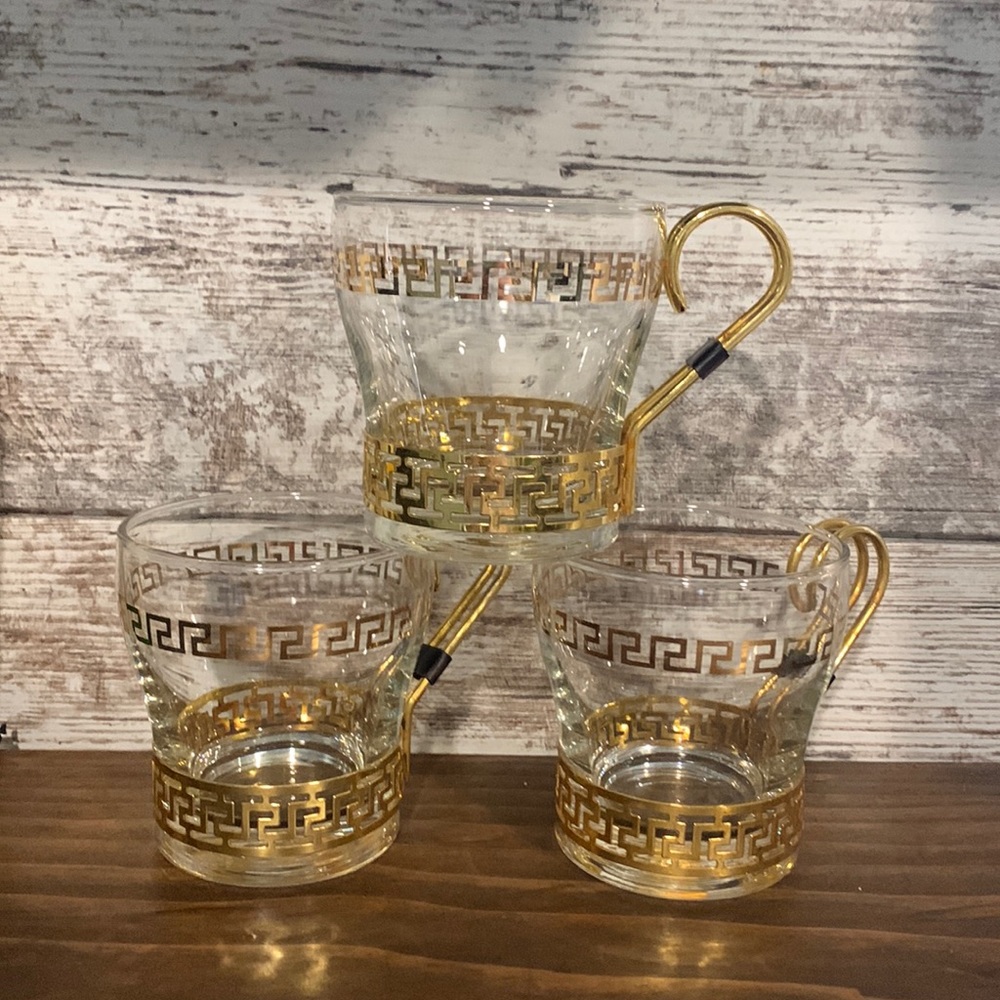 3 MCM Libbey Gold Greek Key Glasses
